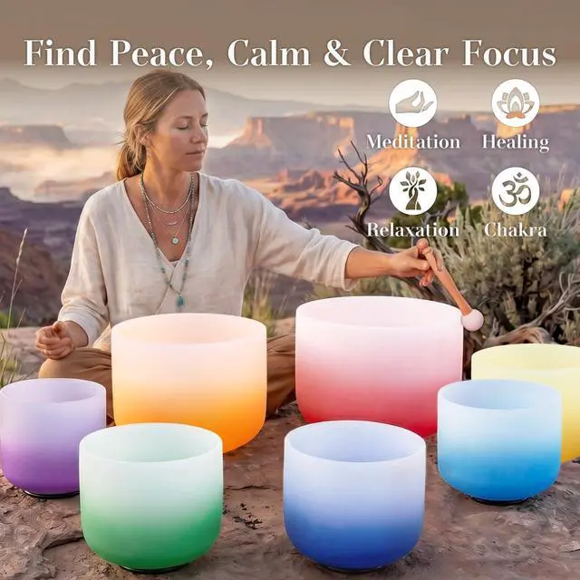 Alt view image 3 of 6 - 432HZ 6-12 Inch Aria Gradient Design Crystal Singing Bowl Set | Frosted Chakra Quartz Bowls, Sound Healing Meditation,Mindfulness,Relaxation, Includes 2 Case Bags and Rubber Mallets