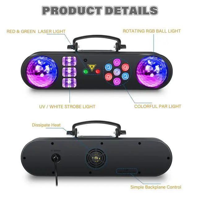 Alt view image 3 of 7 - DJ Light with Stand,Party Lights DJ Disco Light Sound Activated,5 in 1 Party Light Package with Rotating Ball,Strobe,UV,Colorful LED Par Lighting and Pattern for Gig Band Wedding Event Show