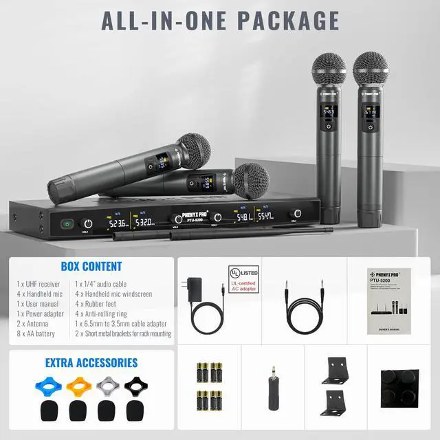 Alt view image 7 of 7 - 4-Ch UHF Metal Dynamic Wireless Microphone System PTU-5200-4H | 4 Cordless Handheld Mics, 4 x 25 Frequencies, 200 ft Range, Singing, Karaoke, Church Services, DJ Sets