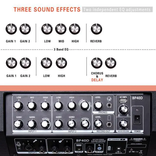 Alt view image 6 of 7 - BP40D Powered Acoustic Guitar Amplifier- Portable Bluetooth Speaker 80W W/Battery with Reverb Chorus Delay Effect, 6 Inputs,3 Band EQ, Black