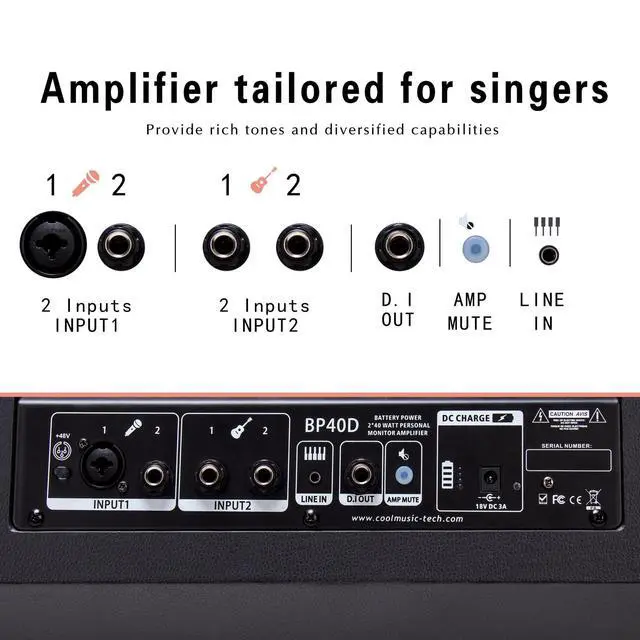 Alt view image 7 of 7 - BP40D Powered Acoustic Guitar Amplifier- Portable Bluetooth Speaker 80W W/Battery with Reverb Chorus Delay Effect, 6 Inputs,3 Band EQ, Black