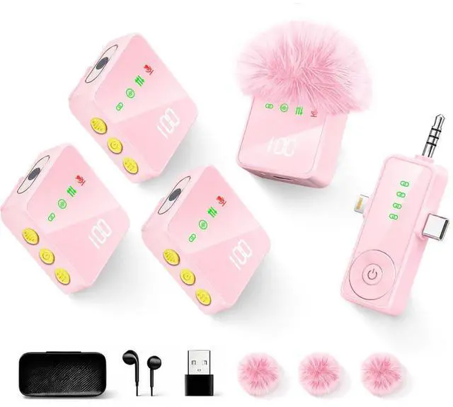 Main image of Wireless Lavalier Microphone for iPhone, Android, Cameras 4 Packs | Mini Microphone with Noise Reduction, 40H Battery Life, 4 Mic for Video Recording, Podcasts, Vlog, TikTok and YouTube (Pink)