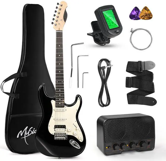 Main image of 39-Inch Electric Guitar Starter Kit with HSS Pickups, Black | Lightweight black paulownia body, comfortable maple neck and Bluetooth playback for students, adults and first lessons