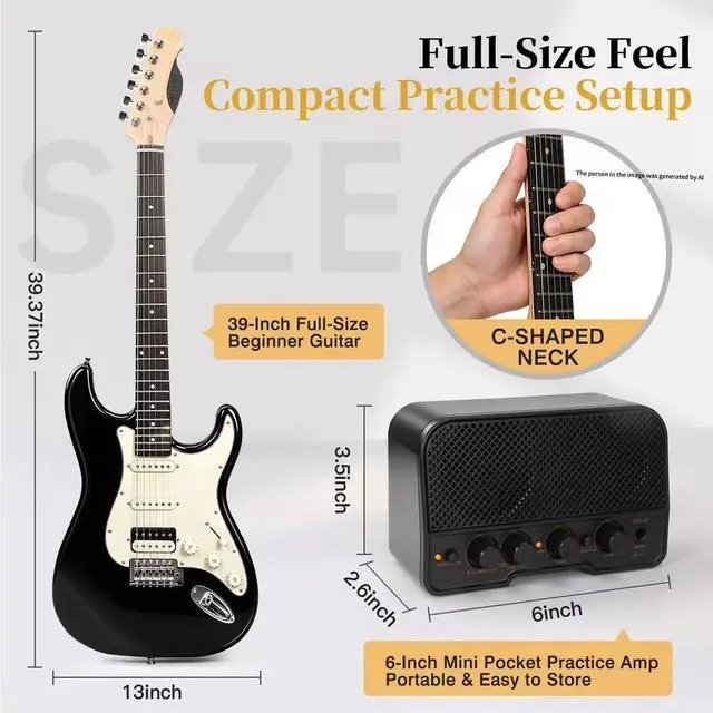 Alt view image 3 of 7 - 39-Inch Electric Guitar Starter Kit with HSS Pickups, Black | Lightweight black paulownia body, comfortable maple neck and Bluetooth playback for students, adults and first lessons