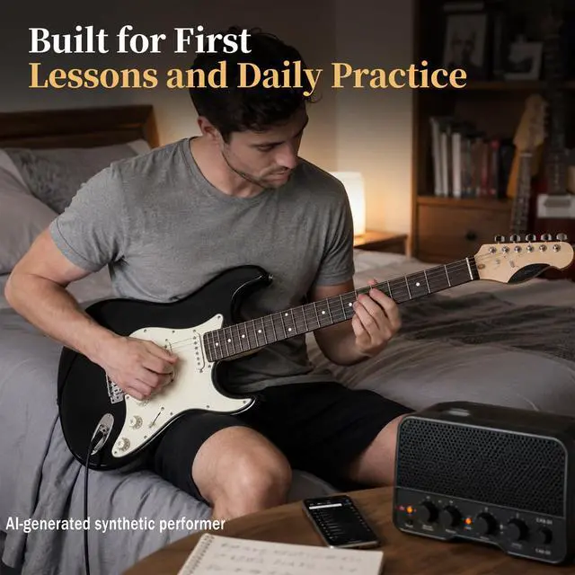 Alt view image 2 of 7 - 39-Inch Electric Guitar Starter Kit with HSS Pickups, Black | Lightweight black paulownia body, comfortable maple neck and Bluetooth playback for students, adults and first lessons