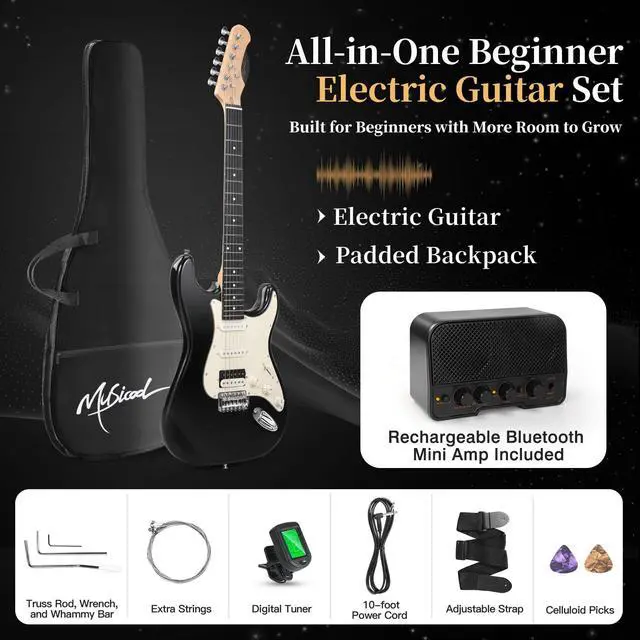 Alt view image 4 of 7 - 39-Inch Electric Guitar Starter Kit with HSS Pickups, Black | Lightweight black paulownia body, comfortable maple neck and Bluetooth playback for students, adults and first lessons