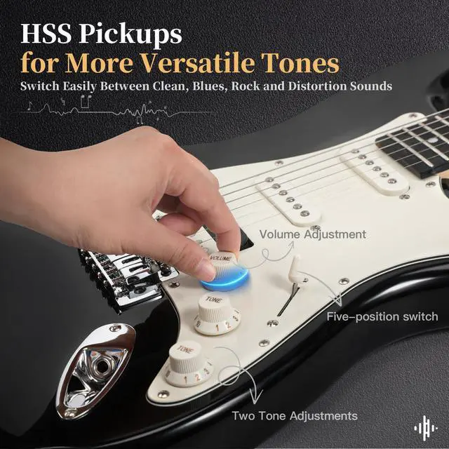 Alt view image 5 of 7 - 39-Inch Electric Guitar Starter Kit with HSS Pickups, Black | Lightweight black paulownia body, comfortable maple neck and Bluetooth playback for students, adults and first lessons