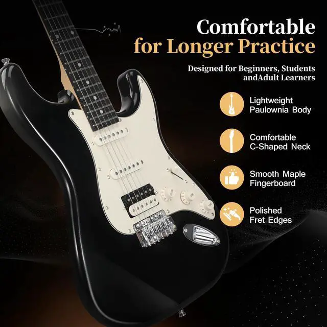 Alt view image 7 of 7 - 39-Inch Electric Guitar Starter Kit with HSS Pickups, Black | Lightweight black paulownia body, comfortable maple neck and Bluetooth playback for students, adults and first lessons
