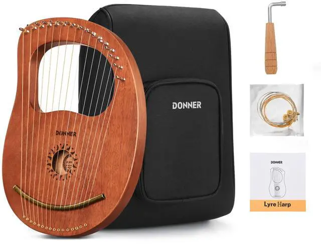 Main image of Lyre Harp, 16 Metal Strings, Mahogany Body and Copper Saddle DLH-003 Lyre Harp with Tuning Wrench, Spare String Set, Black Gig Bag, Manual, Ancient Greece Style