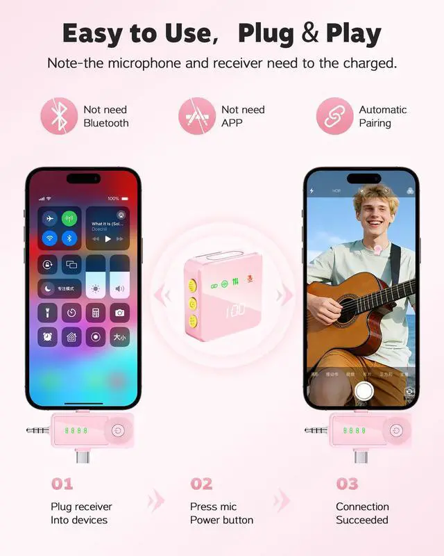 Alt view image 6 of 7 - Wireless Lavalier Microphone for iPhone, Android, Cameras 4 Packs | Mini Microphone with Noise Reduction, 40H Battery Life, 4 Mic for Video Recording, Podcasts, Vlog, TikTok and YouTube (Pink)