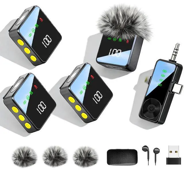 Main image of 3 in 1 Wireless Lavalier Microphone for iPhone, Android, Cameras | 4-Person Mini Mic with Noise Reduction, 40H Battery Life, Mics for Video Recording, Podcasts, Vlog, TikTok, YouTube (Black)