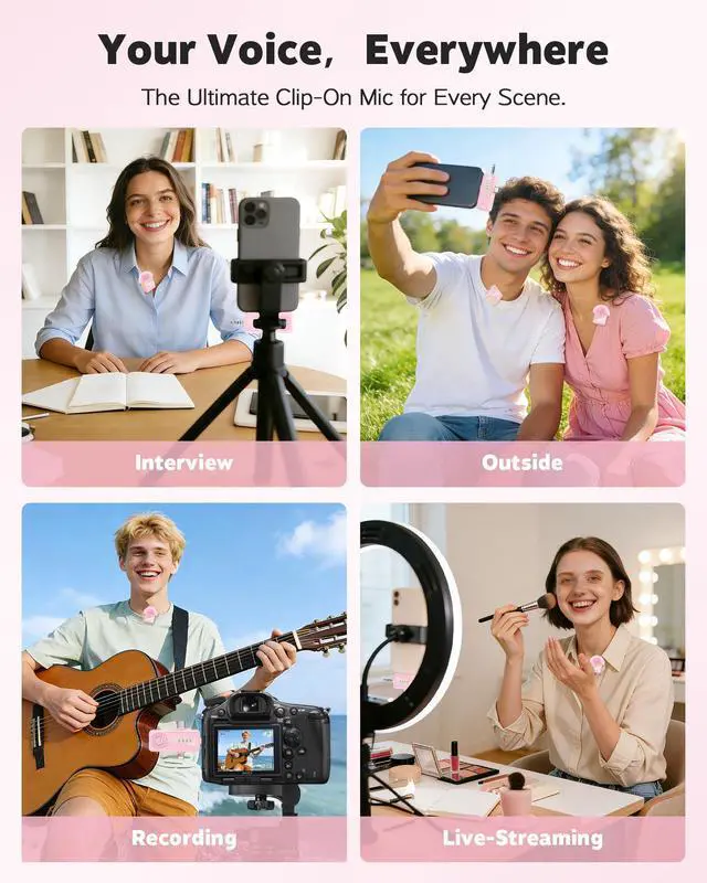 Alt view image 7 of 7 - Wireless Lavalier Microphone for iPhone, Android, Cameras 4 Packs | Mini Microphone with Noise Reduction, 40H Battery Life, 4 Mic for Video Recording, Podcasts, Vlog, TikTok and YouTube (Pink)