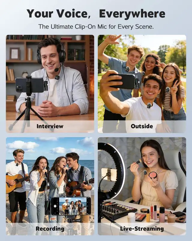 Alt view image 5 of 7 - 3 in 1 Wireless Lavalier Microphone for iPhone, Android, Cameras | 4-Person Mini Mic with Noise Reduction, 40H Battery Life, Mics for Video Recording, Podcasts, Vlog, TikTok, YouTube (Black)