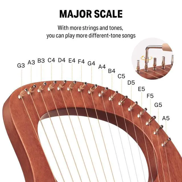 Alt view image 5 of 7 - Lyre Harp, 16 Metal Strings, Mahogany Body and Copper Saddle DLH-003 Lyre Harp with Tuning Wrench, Spare String Set, Black Gig Bag, Manual, Ancient Greece Style