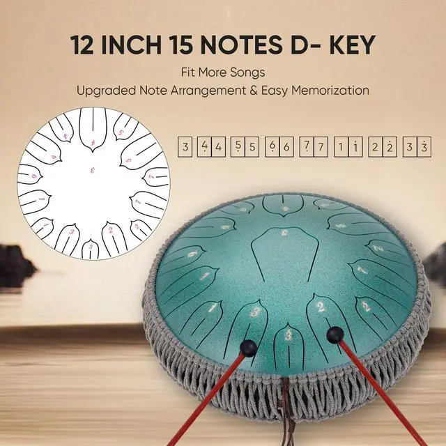 Alt view image 2 of 7 - Steel Tongue Drum 12 Inch 15 Notes: Handpan Drums Set with Music Book Mallets Carry Bag - Hand Pan Instrument for Adults Musical Education Meditation Yoga Chakra (Green)
