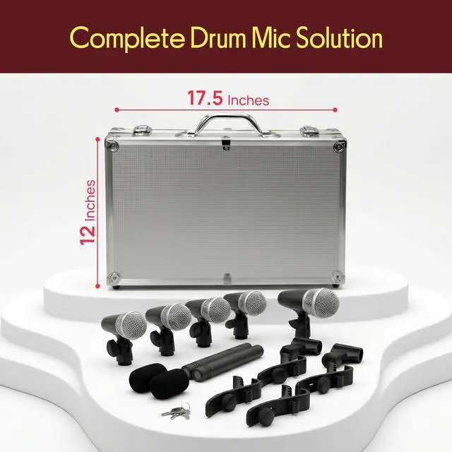 Alt view image 2 of 7 - 7-Piece Wired Dynamic Kit-Kick Bass, Tom/Snare & Cymbals Microphone Set-for Drums, Vocal, & Other Instrument-Complete with Thread Clip, Inserts, Mics Holder & Case, Black