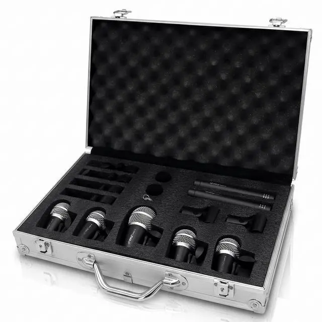 Main image of 7-Piece Wired Dynamic Kit-Kick Bass, Tom/Snare & Cymbals Microphone Set-for Drums, Vocal, & Other Instrument-Complete with Thread Clip, Inserts, Mics Holder & Case, Black