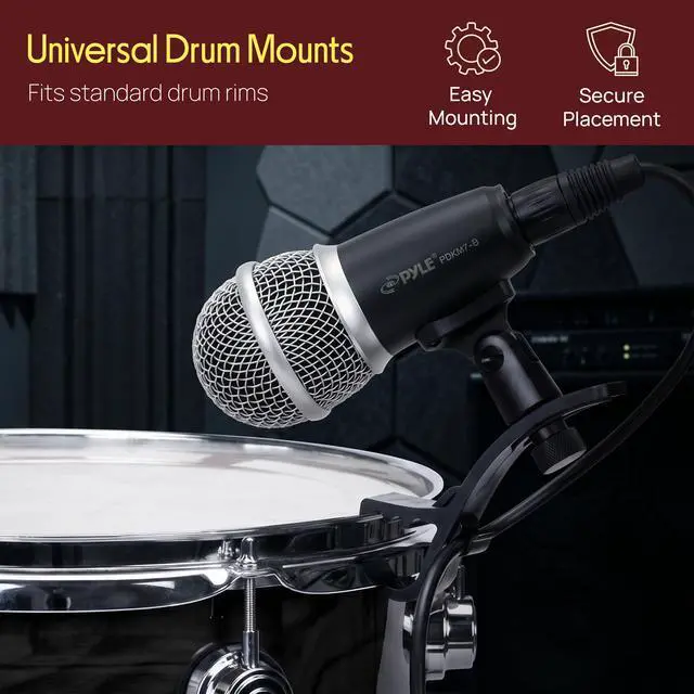 Alt view image 4 of 7 - 7-Piece Wired Dynamic Kit-Kick Bass, Tom/Snare & Cymbals Microphone Set-for Drums, Vocal, & Other Instrument-Complete with Thread Clip, Inserts, Mics Holder & Case, Black
