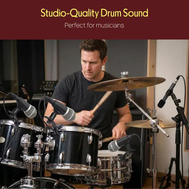 Alt view image 6 of 7 - 7-Piece Wired Dynamic Kit-Kick Bass, Tom/Snare & Cymbals Microphone Set-for Drums, Vocal, & Other Instrument-Complete with Thread Clip, Inserts, Mics Holder & Case, Black