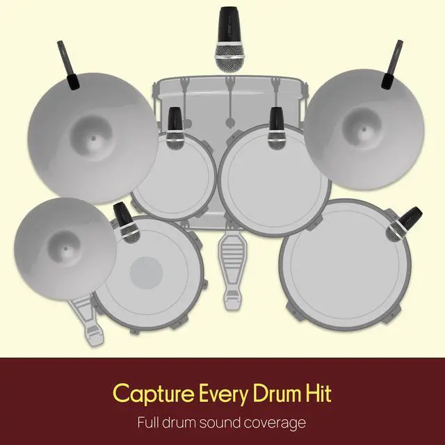 Alt view image 5 of 7 - 7-Piece Wired Dynamic Kit-Kick Bass, Tom/Snare & Cymbals Microphone Set-for Drums, Vocal, & Other Instrument-Complete with Thread Clip, Inserts, Mics Holder & Case, Black