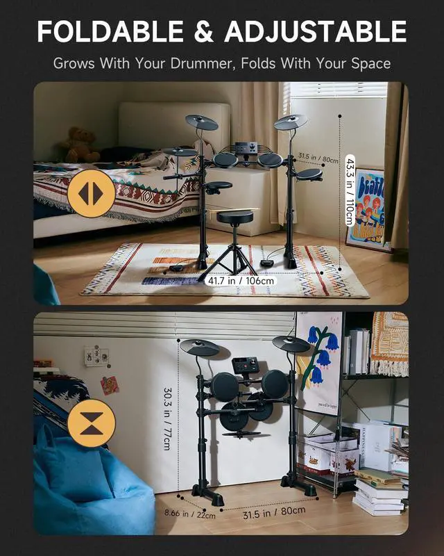 Alt view image 6 of 7 - DED-70SE Electronic Drum Set for Kids, Electric Drum Kit with 150 Sounds, 4 Quiet Silicone Pads, 9" Cymbals, USB MIDI, Type-C Charging Port, Throne, Headphones, Sticks, Melodics Lessons, Black