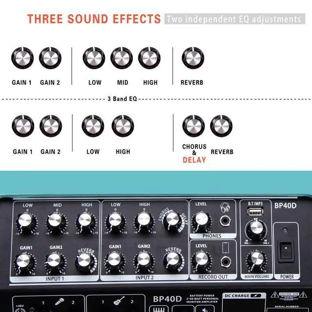 Alt view image 5 of 7 - BP40D Powered Acoustic Guitar Amplifier- Portable Bluetooth Speaker 80W W/Battery with Reverb Chorus Delay Effect, 6 Inputs,3 Band EQ, Blue