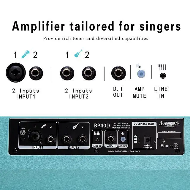Alt view image 6 of 7 - BP40D Powered Acoustic Guitar Amplifier- Portable Bluetooth Speaker 80W W/Battery with Reverb Chorus Delay Effect, 6 Inputs,3 Band EQ, Blue