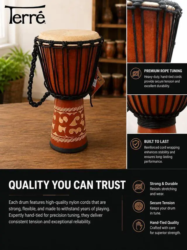 Alt view image 5 of 6 - Percussion Djembe Standard line carve Handmade Drum Circle Instrument, Carved Mahogany, 20" tall, 10" head, NK149
