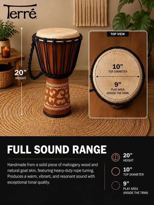 Alt view image 6 of 6 - Percussion Djembe Standard line carve Handmade Drum Circle Instrument, Carved Mahogany, 20" tall, 10" head, NK149