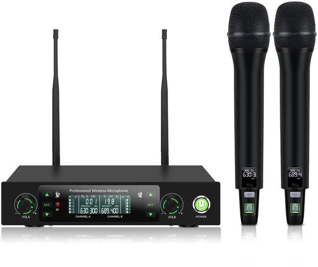 Main image of Wireless Microphone System, Dual Metal Cordless Mic Set for Karaoke Singing, Church, DJ, Party, Wedding, 500ft Long Range, Auto Scan, Anti-Interference, Handheld Dynamic Microphones