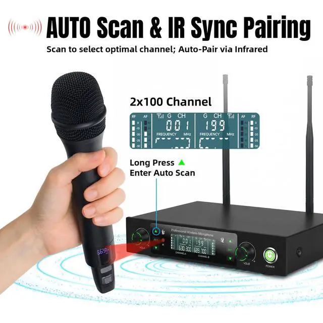 Alt view image 2 of 7 - Wireless Microphone System, Dual Metal Cordless Mic Set for Karaoke Singing, Church, DJ, Party, Wedding, 500ft Long Range, Auto Scan, Anti-Interference, Handheld Dynamic Microphones