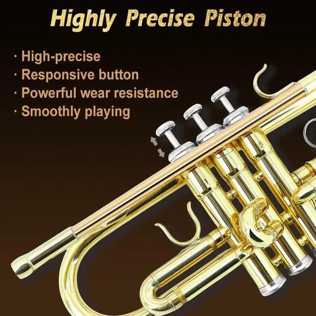 Alt view image 5 of 7 - Bb Trumpet for Beginners Standard B Flat Brass Instrument with 7C Mouthpiece, Hard Case & Cleaning Kit, Student Trumpet for Band Practice, Lessons & Gift (Golden)