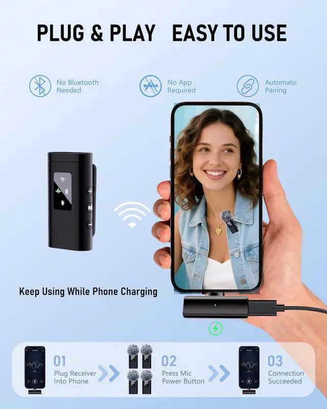 Alt view image 7 of 7 - 4 Wireless Lavalier Microphone for iPhone Android Phone Pad Computer, Pro Lapel Mini Microphone for Video Recording Vlog Podcast Stream YouTube TikTok, 48KHz 24Bit, Reverb,Noise Cancelling