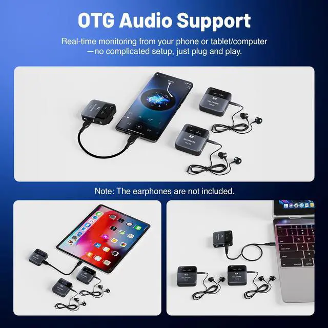 Alt view image 3 of 7 - 2-Receiver Portable Wireless in-Ear Monitor System PM-2S-2R | Wireless transmitter and 2 receivers, 24bit/48kHz audio, mono/stereo switch, OTG input, live, studios and bands