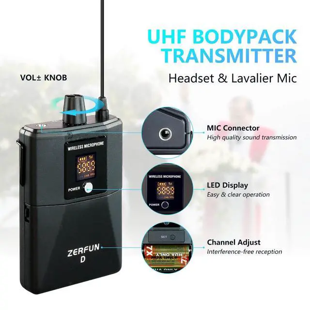 Alt view image 4 of 7 - Pro Wireless Microphone System 4 Channel, UHF Metal Cordless Handheld Headset Lavalier Lapel Mics for Church Karaoke Singing, 4x50 Adjustable Frequency(G8 Battery 2 Handheld 2 Bodypack)