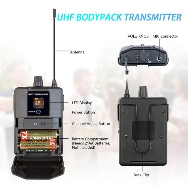 Alt view image 5 of 7 - Pro Wireless Microphone System 4 Channel, UHF Metal Cordless Handheld Headset Lavalier Lapel Mics for Church Karaoke Singing, 4x50 Adjustable Frequency(G8 Battery 2 Handheld 2 Bodypack)