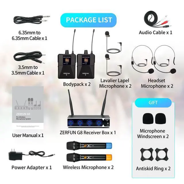 Alt view image 7 of 7 - Pro Wireless Microphone System 4 Channel, UHF Metal Cordless Handheld Headset Lavalier Lapel Mics for Church Karaoke Singing, 4x50 Adjustable Frequency(G8 Battery 2 Handheld 2 Bodypack)