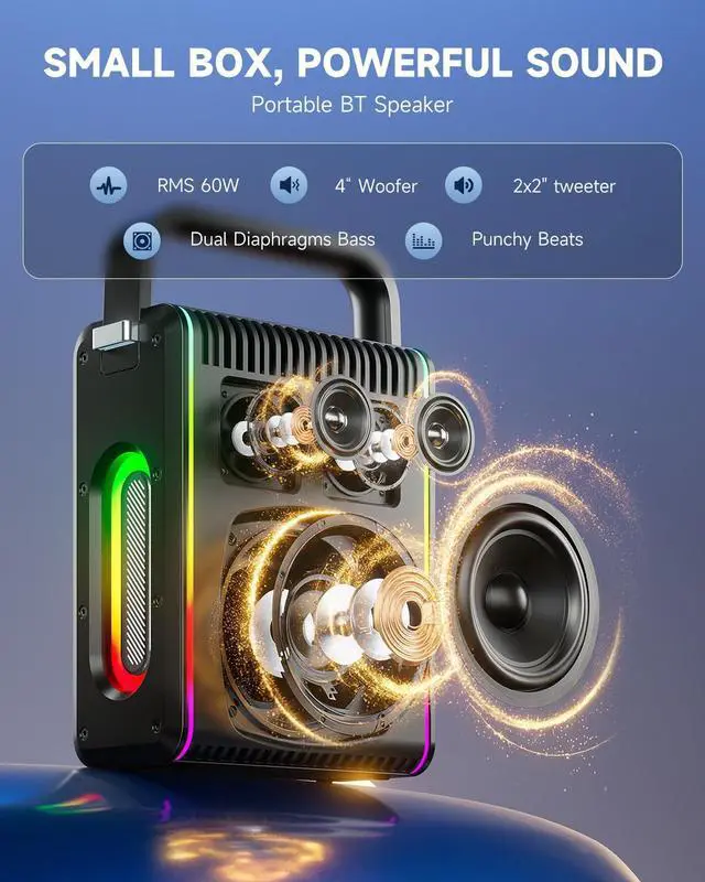 Alt view image 4 of 7 - MPS5 Portable Karaoke Machine, 200W Peak Power Rechargeable Speaker with 2 Wireless Microphones& Strap, Support BT 5.3/REC/AUX/MP3/USB/TF, for Home/Party/Outdoor/Adults/Kids