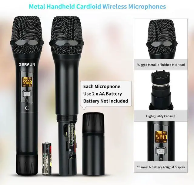 Alt view image 3 of 7 - Pro Wireless Microphone System 4 Channel, UHF Metal Cordless Handheld Mics with Echo Bluetooth for Church Karaoke Singing, 4x50 Adjustable Frequency(MU-898 Battery 4 Handheld)
