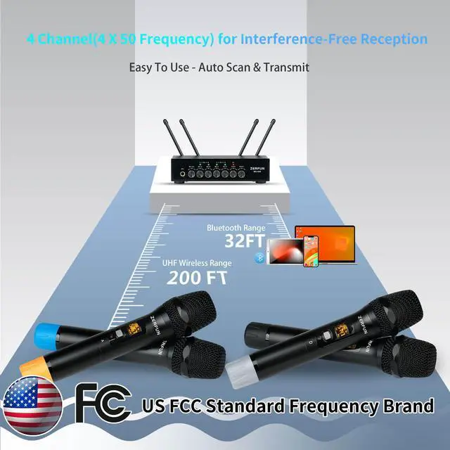 Alt view image 7 of 7 - Pro Wireless Microphone System 4 Channel, UHF Metal Cordless Handheld Mics with Echo Bluetooth for Church Karaoke Singing, 4x50 Adjustable Frequency(MU-898 Battery 4 Handheld)