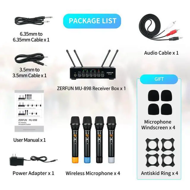 Alt view image 6 of 7 - Pro Wireless Microphone System 4 Channel, UHF Metal Cordless Handheld Mics with Echo Bluetooth for Church Karaoke Singing, 4x50 Adjustable Frequency(MU-898 Battery 4 Handheld)