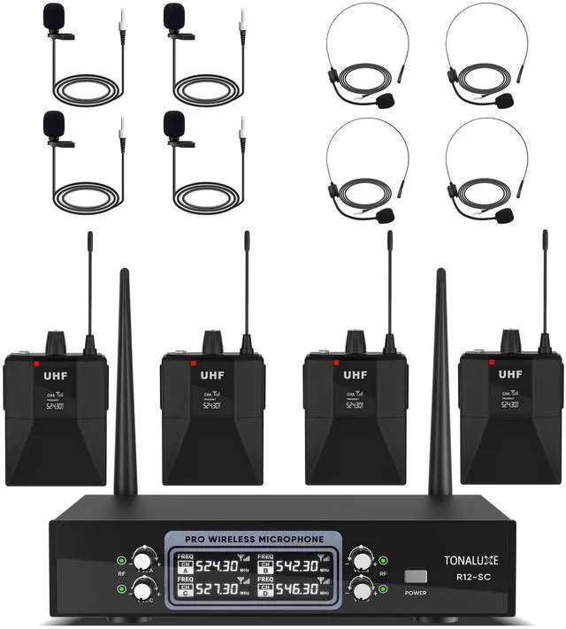 Main image of 4 Channel Wireless Lapel Microphone System with 4 Headset Mics, 4 Lavalier Mics, UHF Metal Receiver, 4 Bodypacks, Independent Volume Control, 262ft Range for Home, Classroom, Church, Events