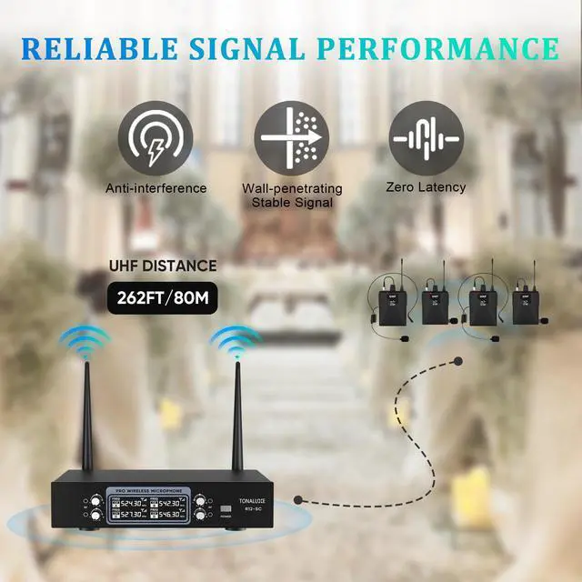 Alt view image 4 of 7 - 4 Channel Wireless Lapel Microphone System with 4 Headset Mics, 4 Lavalier Mics, UHF Metal Receiver, 4 Bodypacks, Independent Volume Control, 262ft Range for Home, Classroom, Church, Events