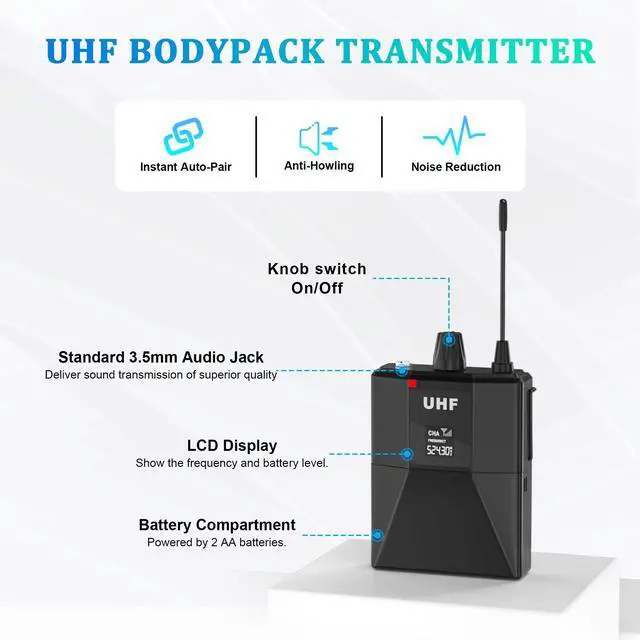Alt view image 5 of 7 - 4 Channel Wireless Lapel Microphone System with 4 Headset Mics, 4 Lavalier Mics, UHF Metal Receiver, 4 Bodypacks, Independent Volume Control, 262ft Range for Home, Classroom, Church, Events