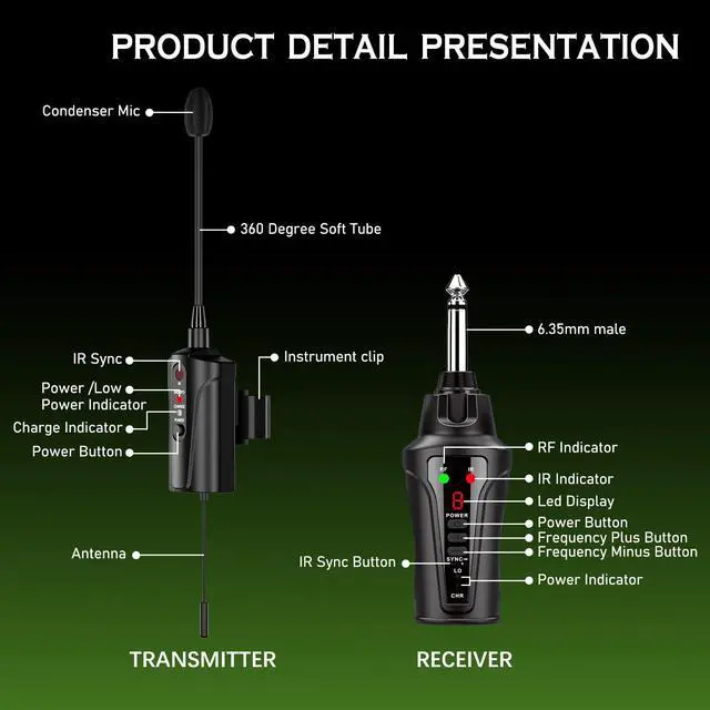 Alt view image 6 of 6 - UHF Wireless Flute Microphone System, Wireless Tie-on Microphone for Flute, Suitable for Live Performances, PA Systems, Audio Mixers, and Speakers - DT-5