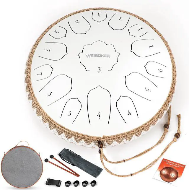 Main image of Steel Tongue Drum Pro - 14 Inch 15 Note Rain Drum - Percussion Instrument for Meditation and Music, Hand Pan Drums with Music Book, Mallets and Carrying Bag (White)