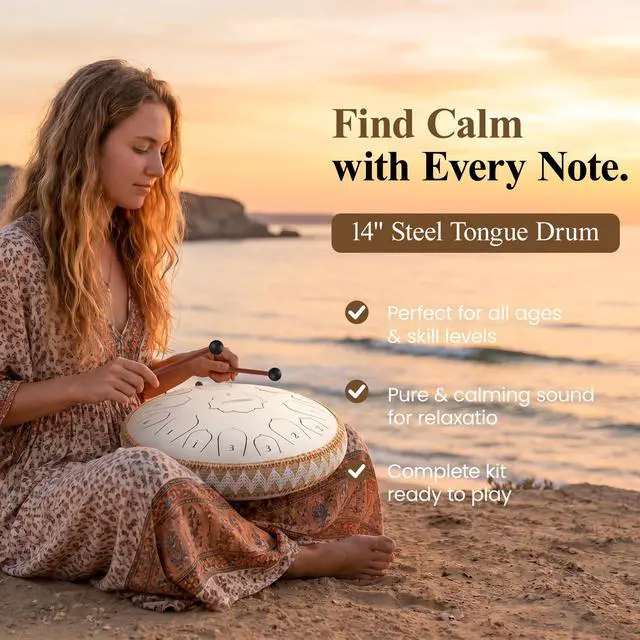 Alt view image 2 of 7 - Steel Tongue Drum Pro - 14 Inch 15 Note Rain Drum - Percussion Instrument for Meditation and Music, Hand Pan Drums with Music Book, Mallets and Carrying Bag (White)