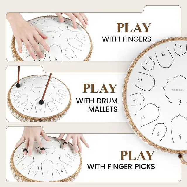 Alt view image 3 of 7 - Steel Tongue Drum Pro - 14 Inch 15 Note Rain Drum - Percussion Instrument for Meditation and Music, Hand Pan Drums with Music Book, Mallets and Carrying Bag (White)