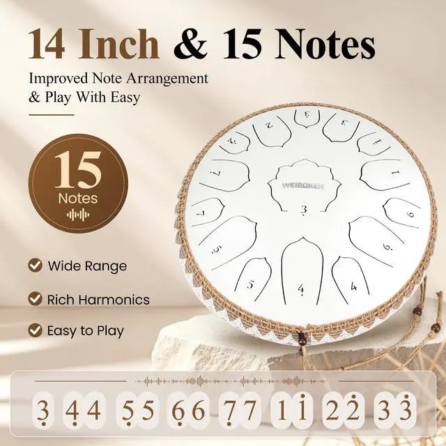 Alt view image 4 of 7 - Steel Tongue Drum Pro - 14 Inch 15 Note Rain Drum - Percussion Instrument for Meditation and Music, Hand Pan Drums with Music Book, Mallets and Carrying Bag (White)