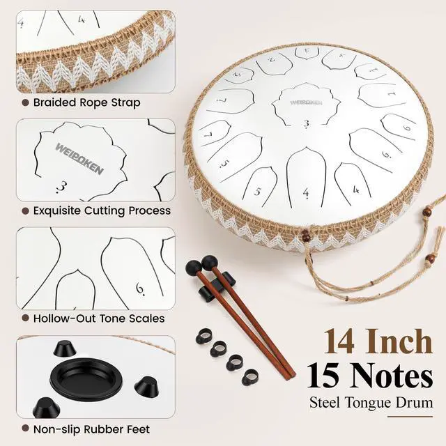 Alt view image 5 of 7 - Steel Tongue Drum Pro - 14 Inch 15 Note Rain Drum - Percussion Instrument for Meditation and Music, Hand Pan Drums with Music Book, Mallets and Carrying Bag (White)